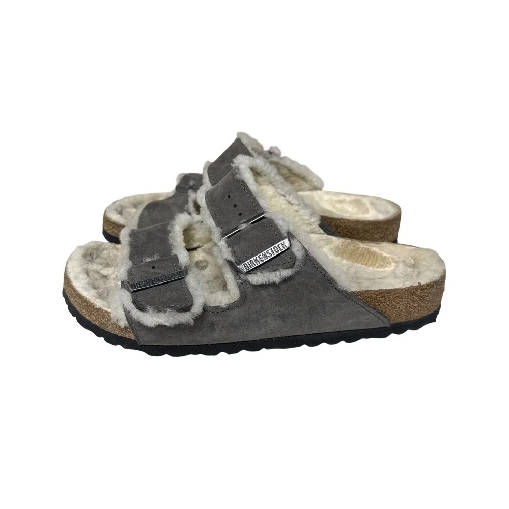 Birkenstock Arizona Shearling Sandals Womens 38 Gray Suede Double Strap Comfort